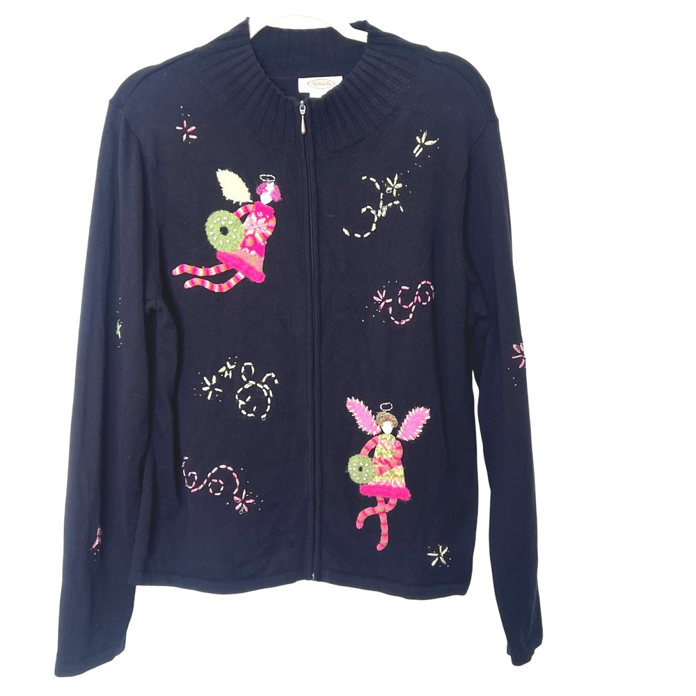 VTG Talbots Women XL Angel Embroidered Beaded‎ Novelty Zip Up Sweater Holiday